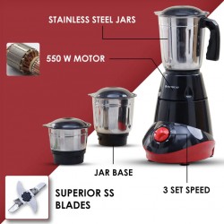 Wonderchef WON651 Capri 550W Red/Black Mixer Grinder 5YW On Motor "O"