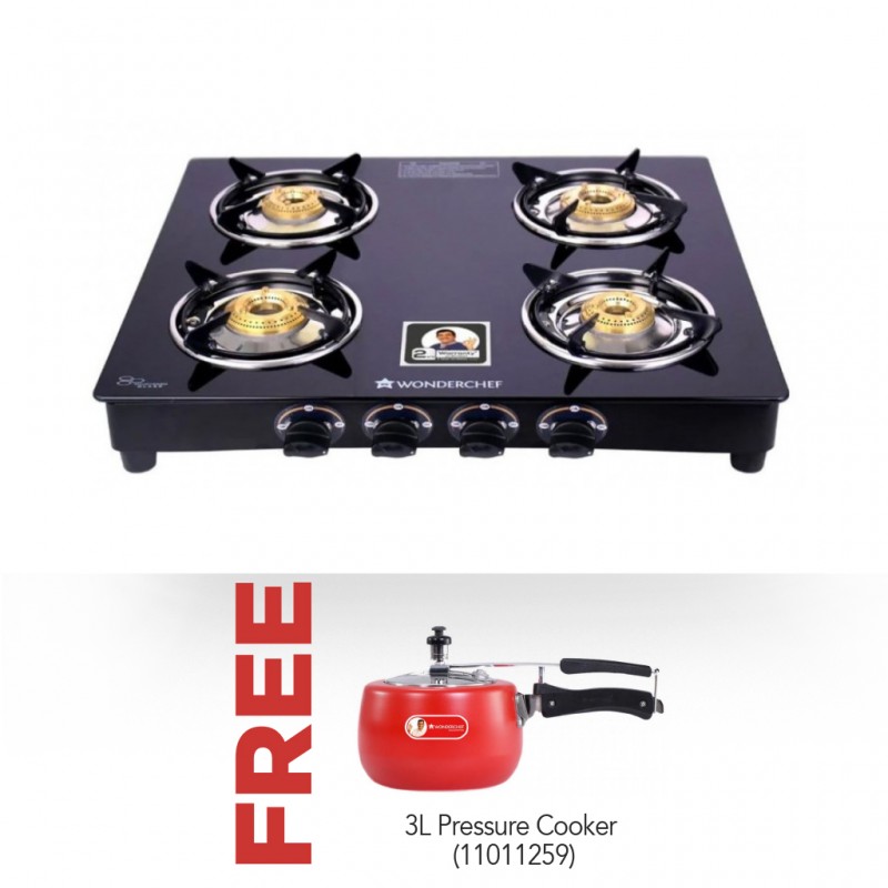 Wonderchef WON509 Ultima 4 Burner Tempered Glass Gas Stove & Free Wonderchef WON652 3L Regalia Induction Base Pressure Cooker