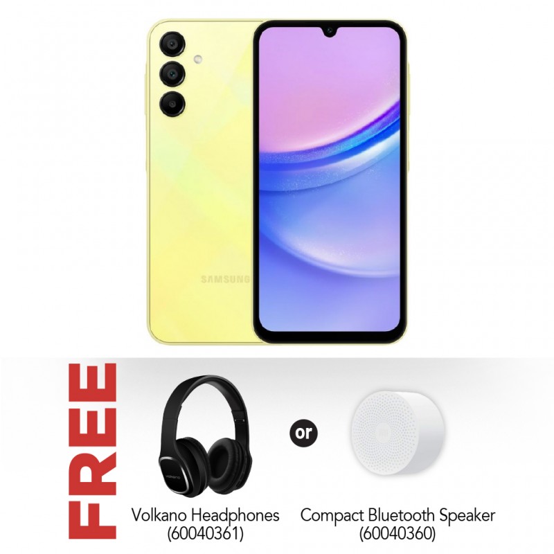 Samsung Galaxy A15 Yellow & Free Volkano Thrive Series Bluetooth Headphones OR Compact Bluetooth Speaker 2