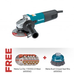 Makita 9557NB/HN 115MM Angle Grinder & Free Makita Cut Disc 115X3X22.23 Metal + Makita 60Mm Cup Brush Crimped Steel Wire 0.30Mm