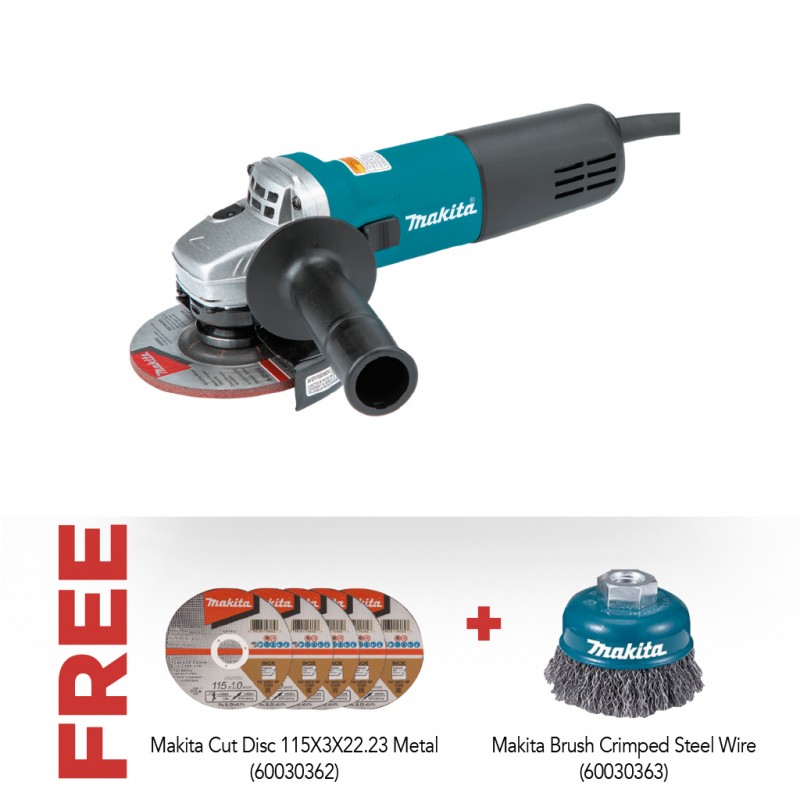 Makita 9557NB/HN 115MM Angle Grinder & Free Makita Cut Disc 115X3X22.23 Metal + Makita 60Mm Cup Brush Crimped Steel Wire 0.30Mm