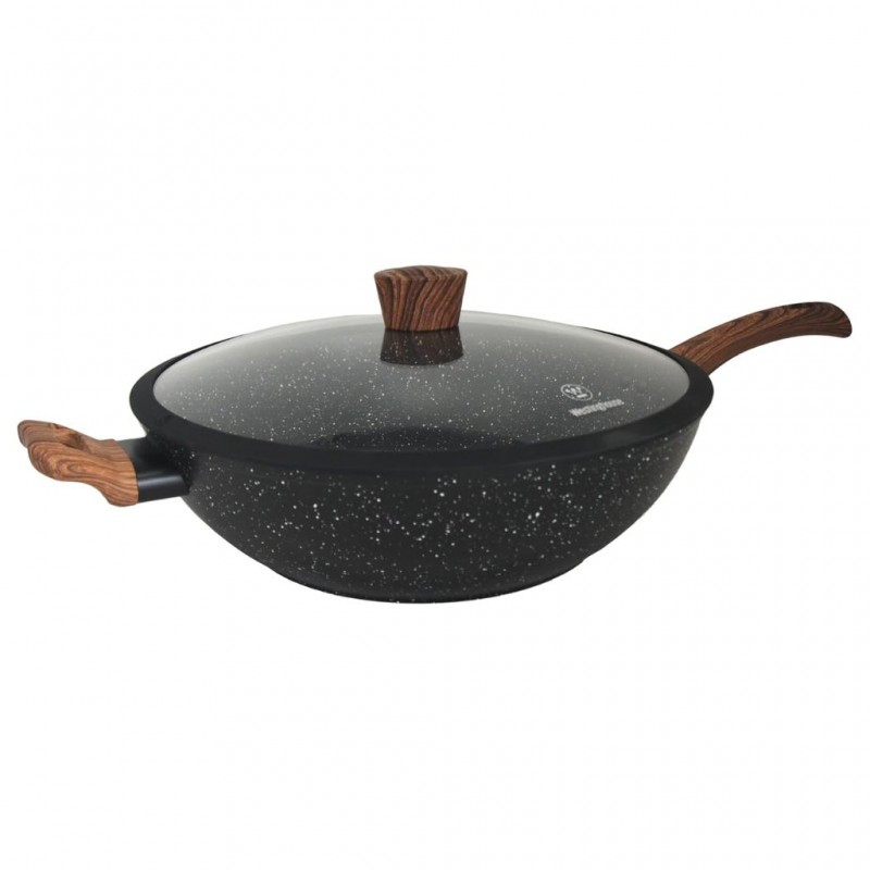 Westinghouse 32cm Forged Aluminum Wok With Glass Lid Black Marble Wood WCCW0085032MBB