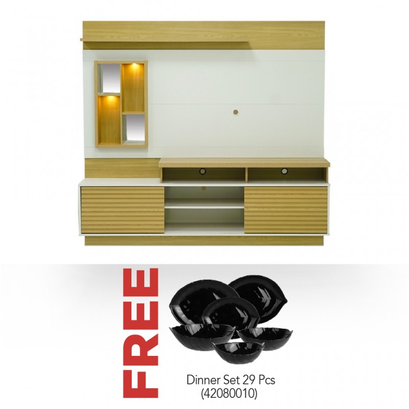 Eldorado High TV Cabinet Oak/Off White & Free Dinner Set 29 PCS Opal Glass Black Leaf Design