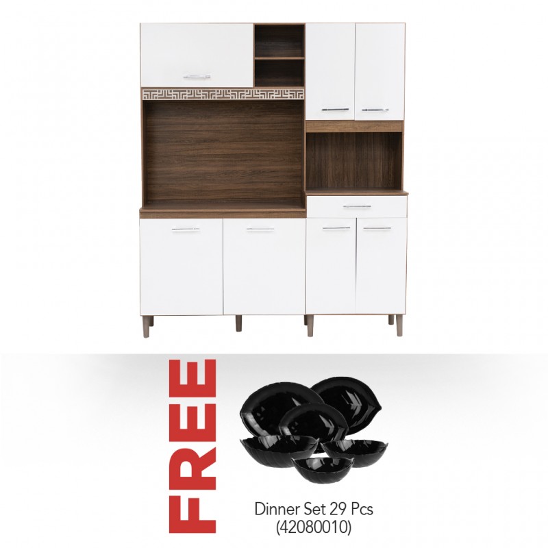 Yara 160 cm Kitchen Unit Rustic Evora/Off White & Free Dinner Set 29 PCS Opal Glass Black Leaf Design