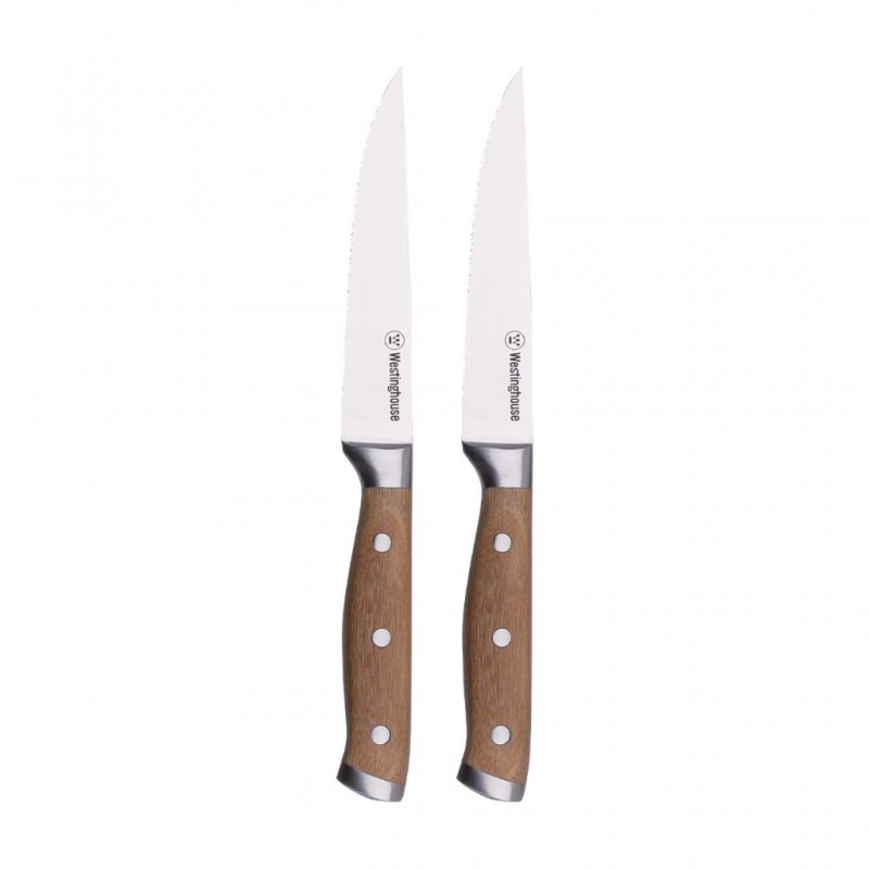 Westinghouse WCKF007702AWD 2pcs 5" Steak Knife Set With Bamboo Handle & Triple Rivets, 2.0mm Blade