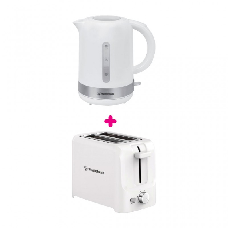 Westinghouse WKWK3058WH 1.7L White Plastic Kettle + Westinghouse WKTTSL10 White 2 Slice Toaster