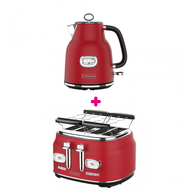 Westinghouse WKWK142RD 1.7L Red Electric Kettle + Westinghouse WKTTB809RD Red 4 Slice Toaster