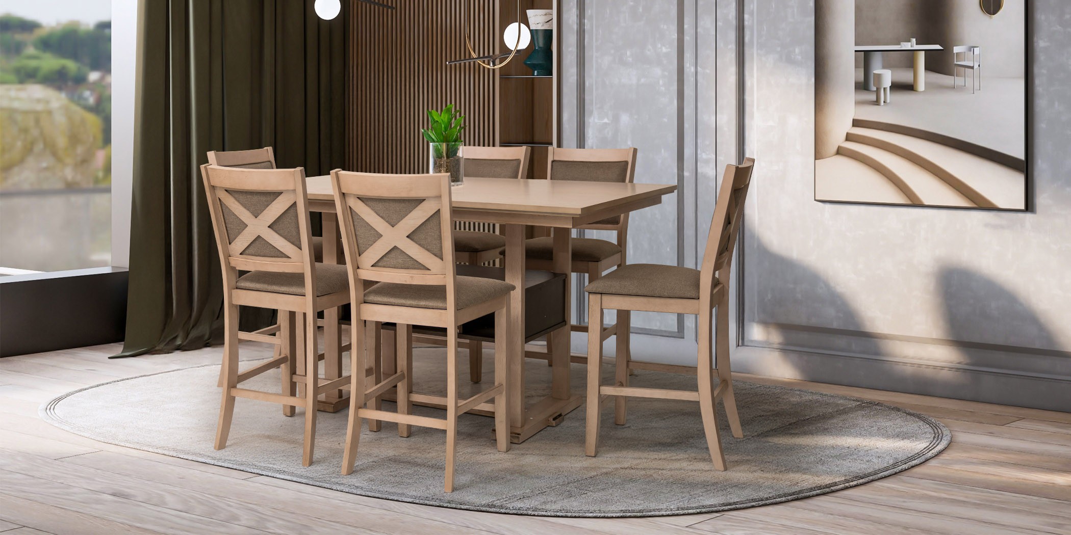 Deborah High Table And 6 High Chairs Oak Veneer