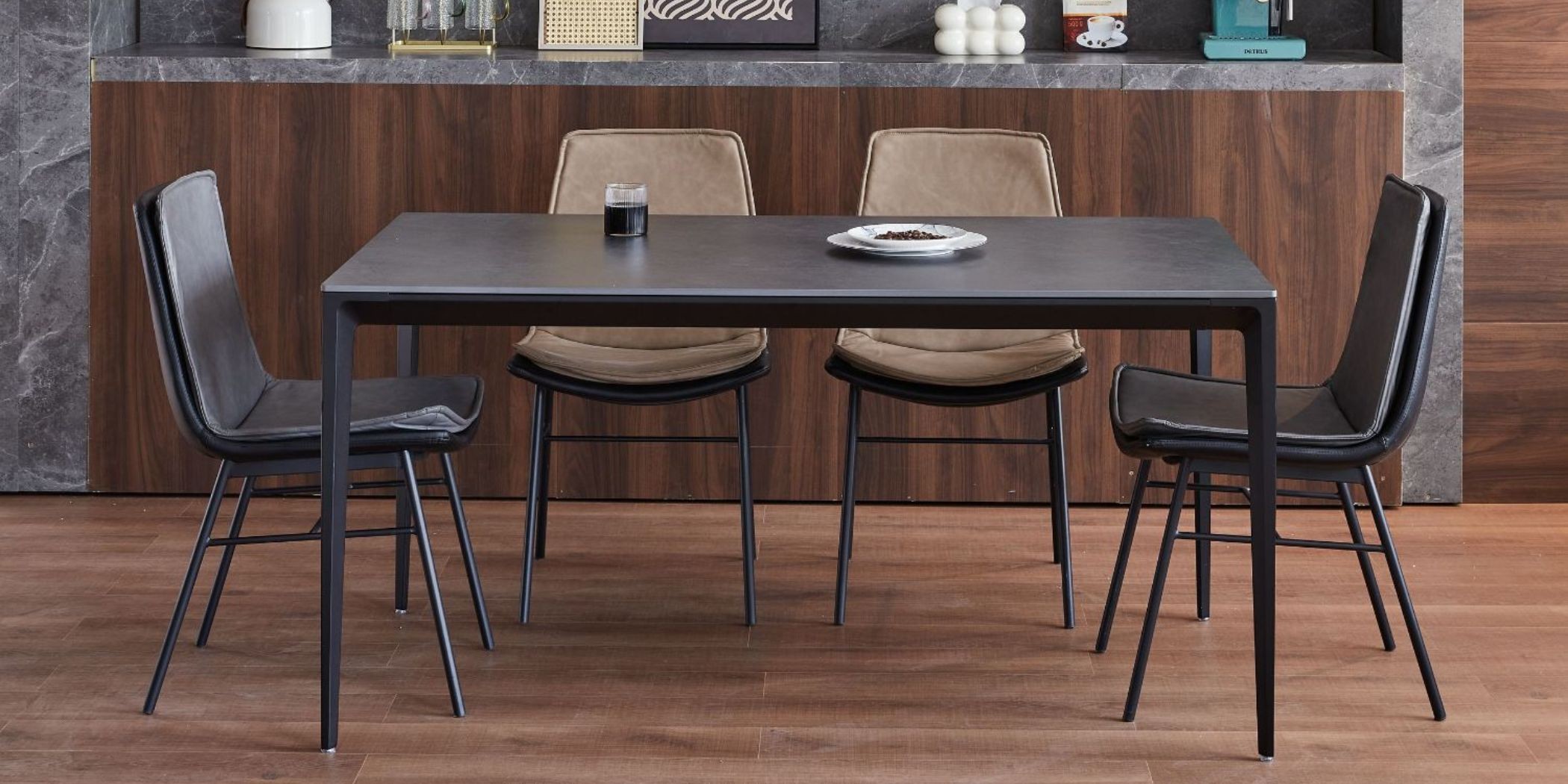 Brutus Table and 6 Chairs Ceramic Top Dark Grey fabric