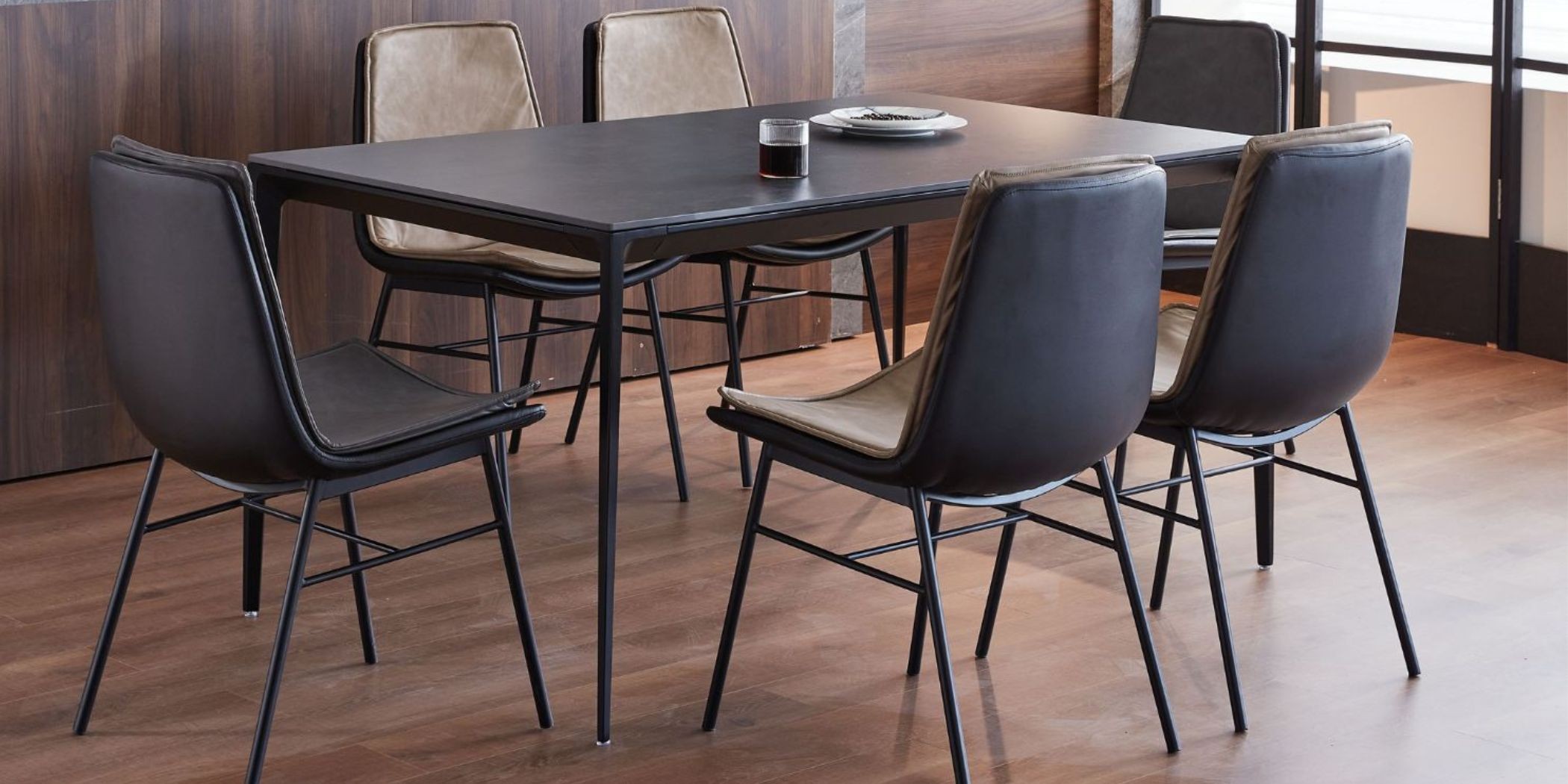 Brutus Table and 6 Chairs Ceramic Top Dark Grey fabric