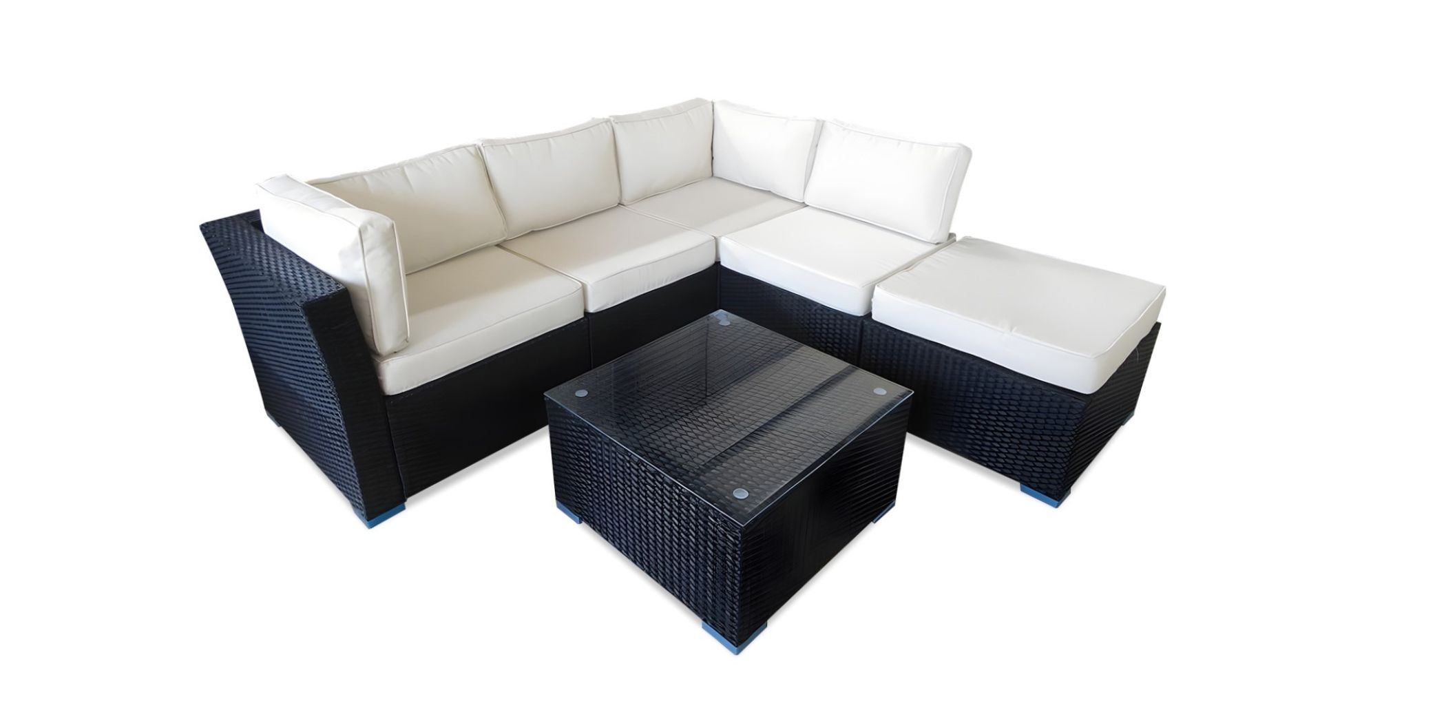 Daytone Corner Sofa With Coffee Table Black Rattan Beige Fabric