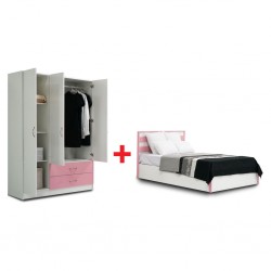 Alpha Bed 140x190 cm + Alpha Warbrobe 3 Doors MDF White & Pink