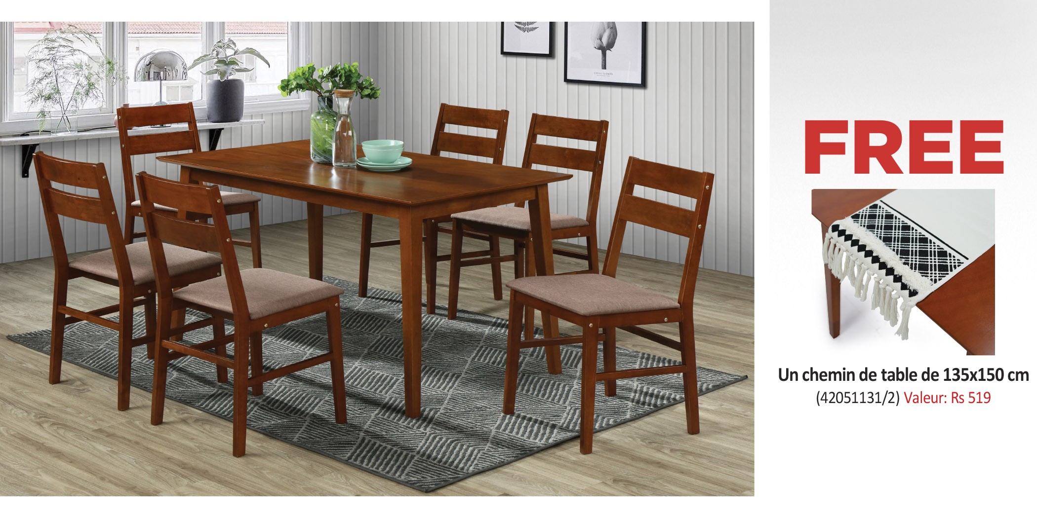 Jordan Table and 6 Chairs Dirty Oak MDF Top & Free Table Runner 1 135x150cm 100% Polyester MAT-270014