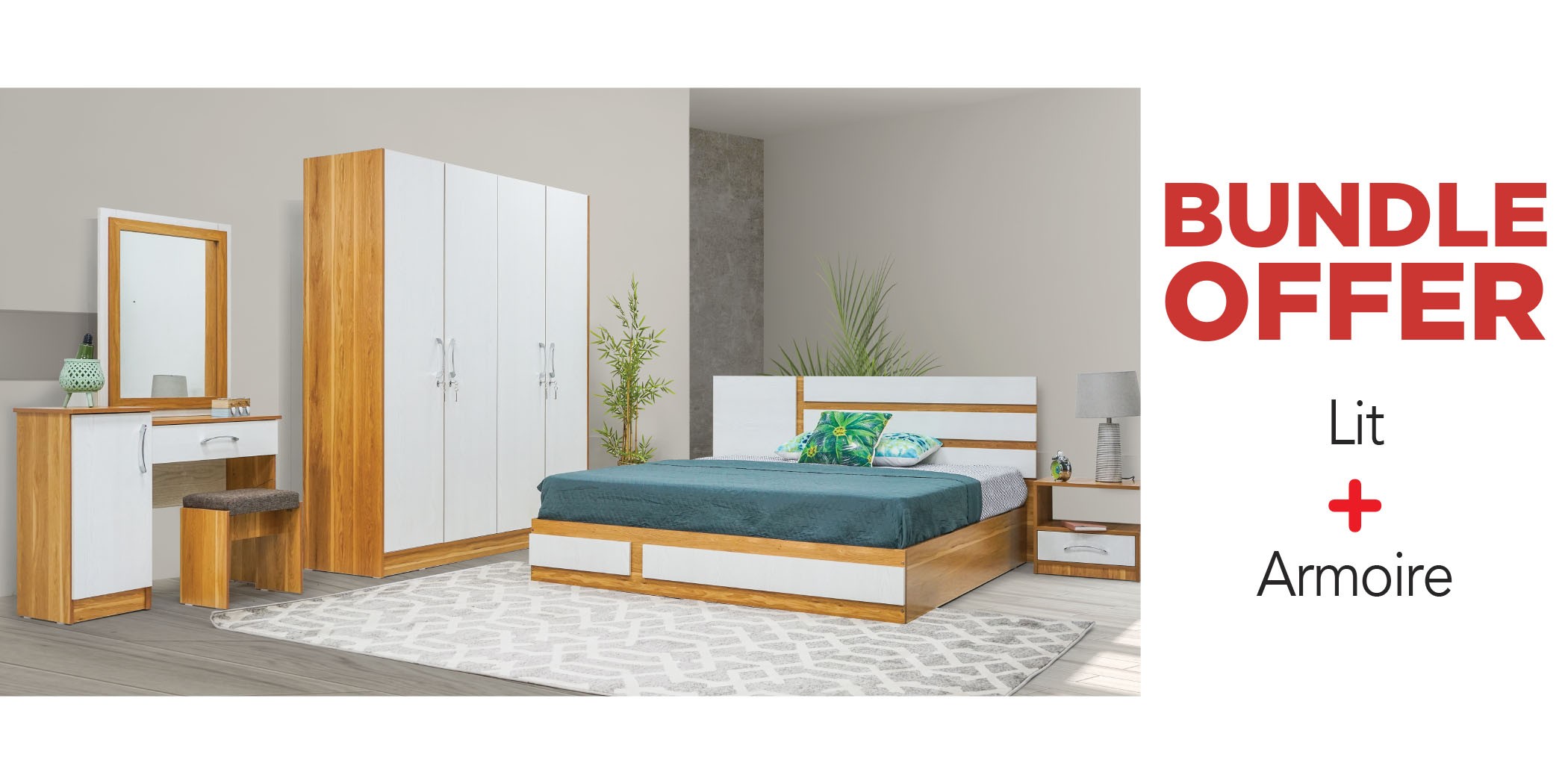 Elnora Bed 180x200cm + Wardrobe 4 Doors MDF Montana Oak & Lime White