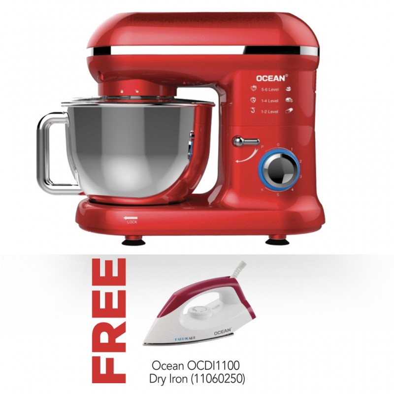 Ocean OCSM5511R 5.5L 1100W Red Stand Mixer 2YW & Free Ocean OCDI1100 1100W WH/Red 2YW Dry Iron