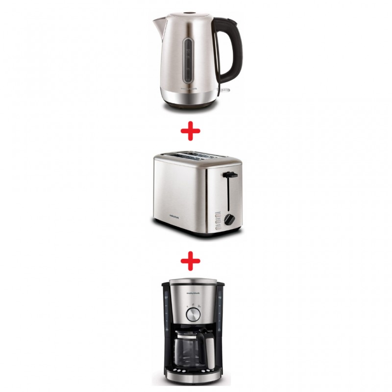 Morphy Richards 1.7L Kettle + Morphy Richards Brushed Equip 2 Slice Toaster + Morphy Richards Evoke Brushed S/S Filter