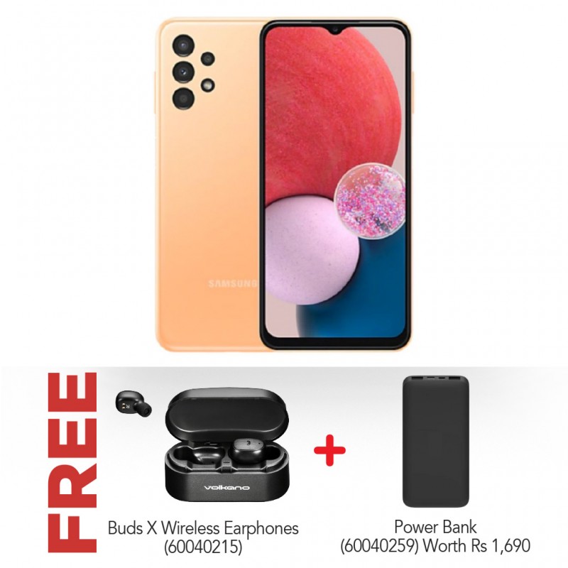 Samsung Galaxy A13 Orange & Free Volkano Virgo Earbuds with Charging Case - Black VK-1122-BK + Free Power Bank