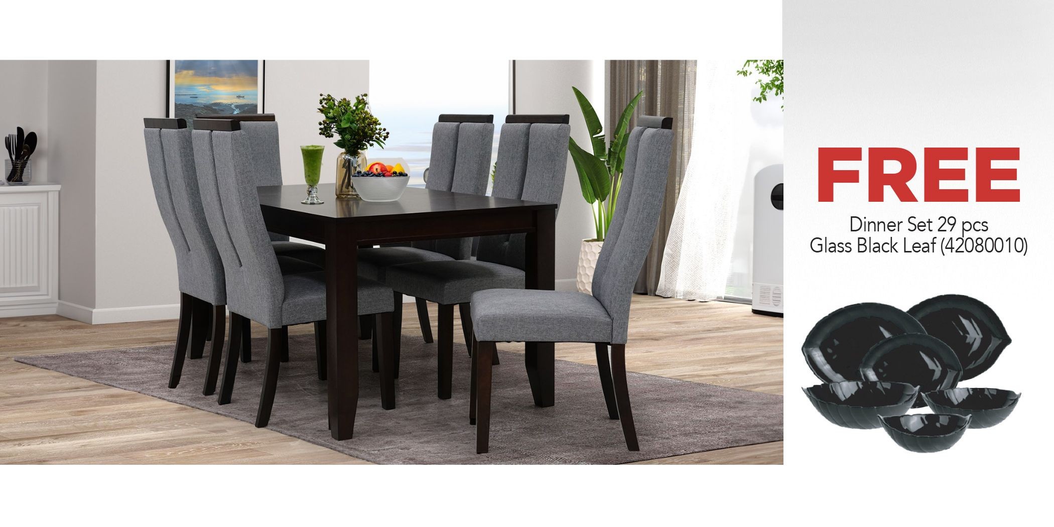 Danta Table and 6 Chairs & Free Dinner Set 29 PCS Opal Glass Black Leaf Design