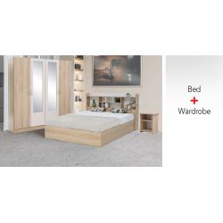 Neo Bed 150x190 cm MDF Oak and White + Neo Wardrobe 4 Doors Oak and White MDF