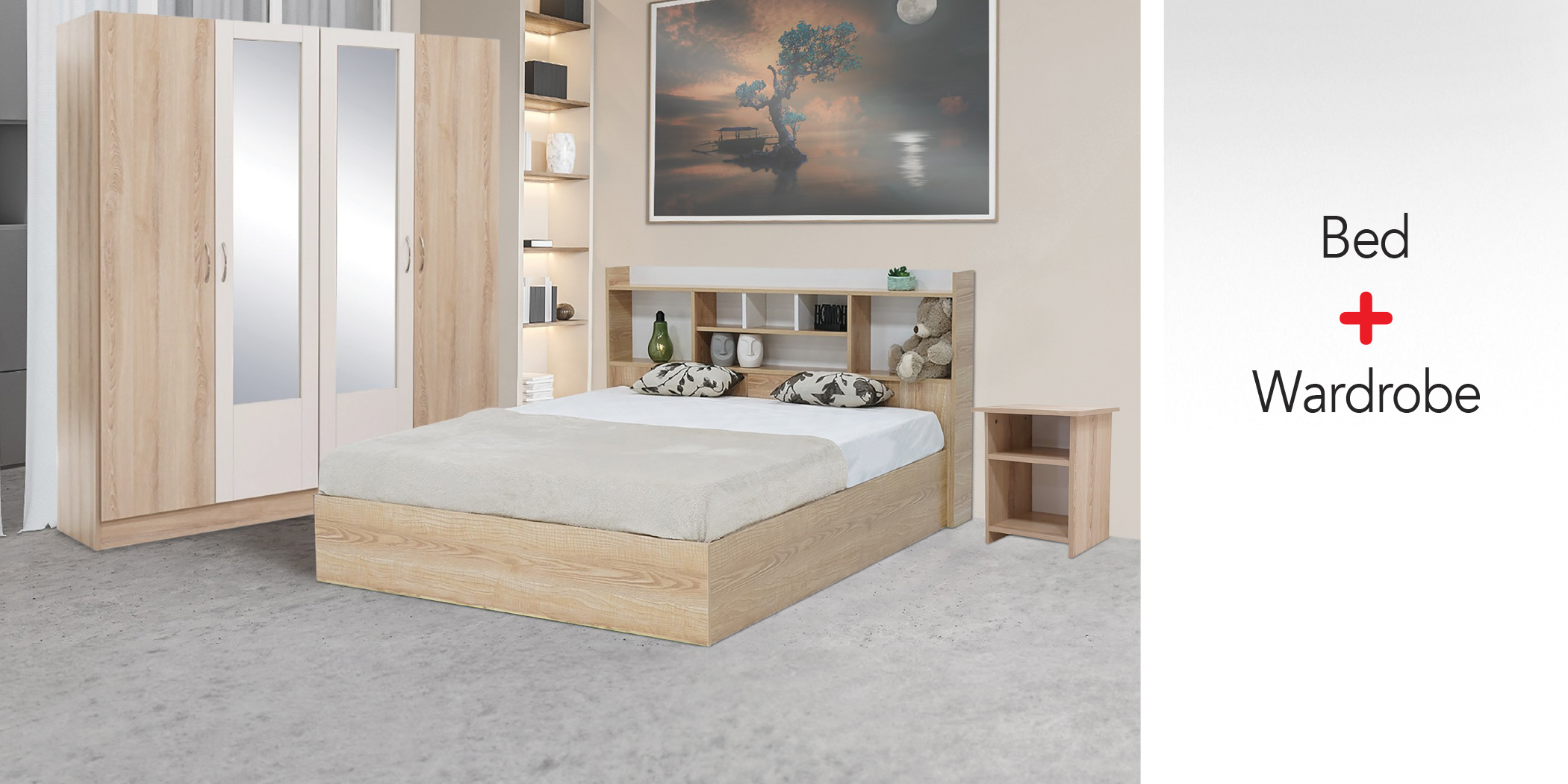 Neo Bed 150x190 cm MDF Oak and White + Neo Wardrobe 4 Doors Oak and White MDF